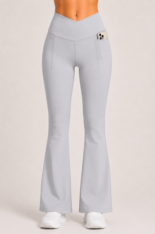 Grey CloudSoft™ Cross-Waist Pocket Flare Pants