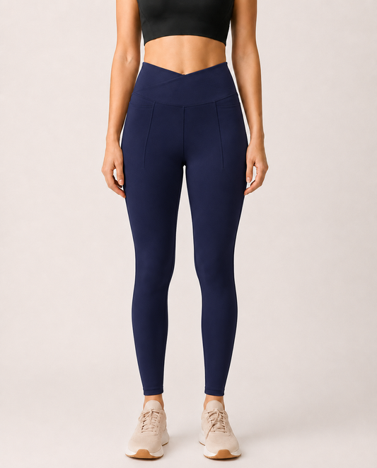 Navy Women's Cross-Waist High Rise Pocket Leggings | Buttery Soft Yoga Pants