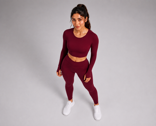 Wine 🏋️♀️ Activewear Cord Set | Long-Sleeve Crop Top & High-Waist Leggings