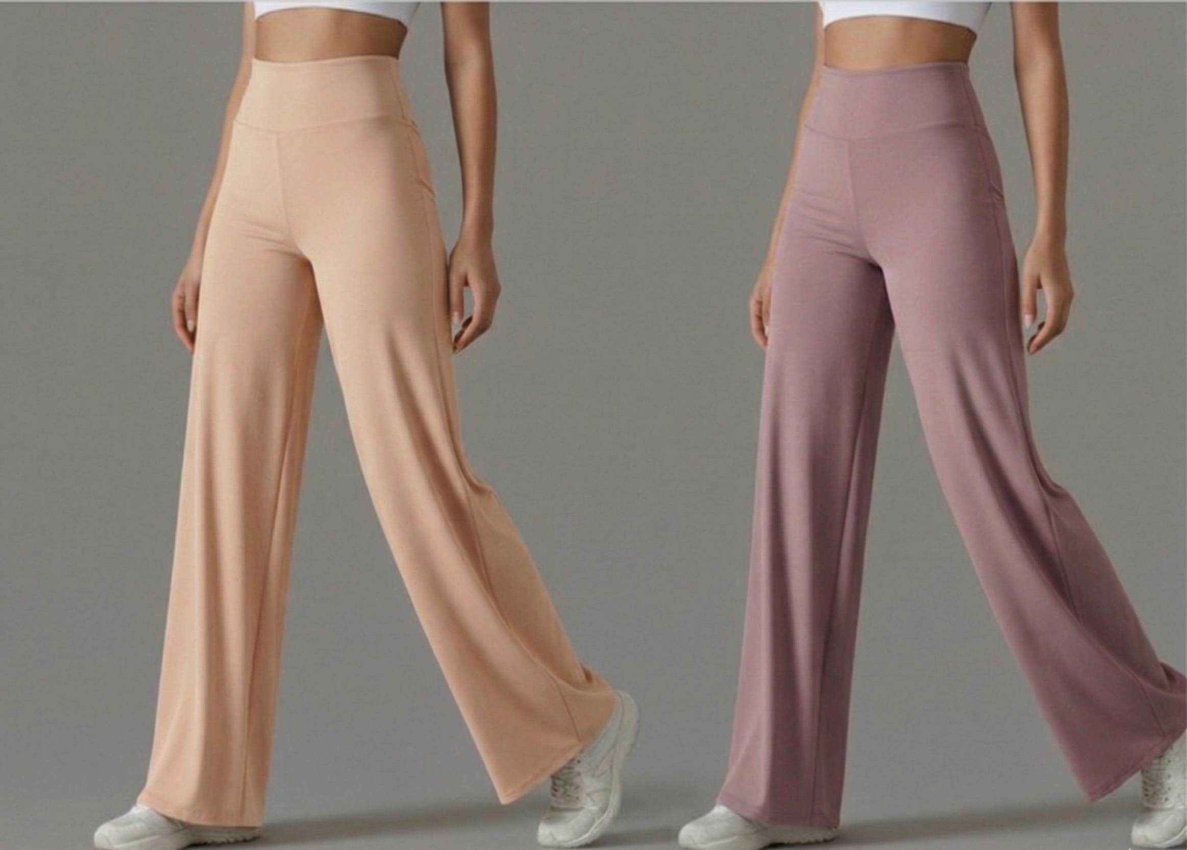 Pack of 2 Ultra-Flexible High-Waist Wide Leg Pants for Women ( Beige & Rose gold)