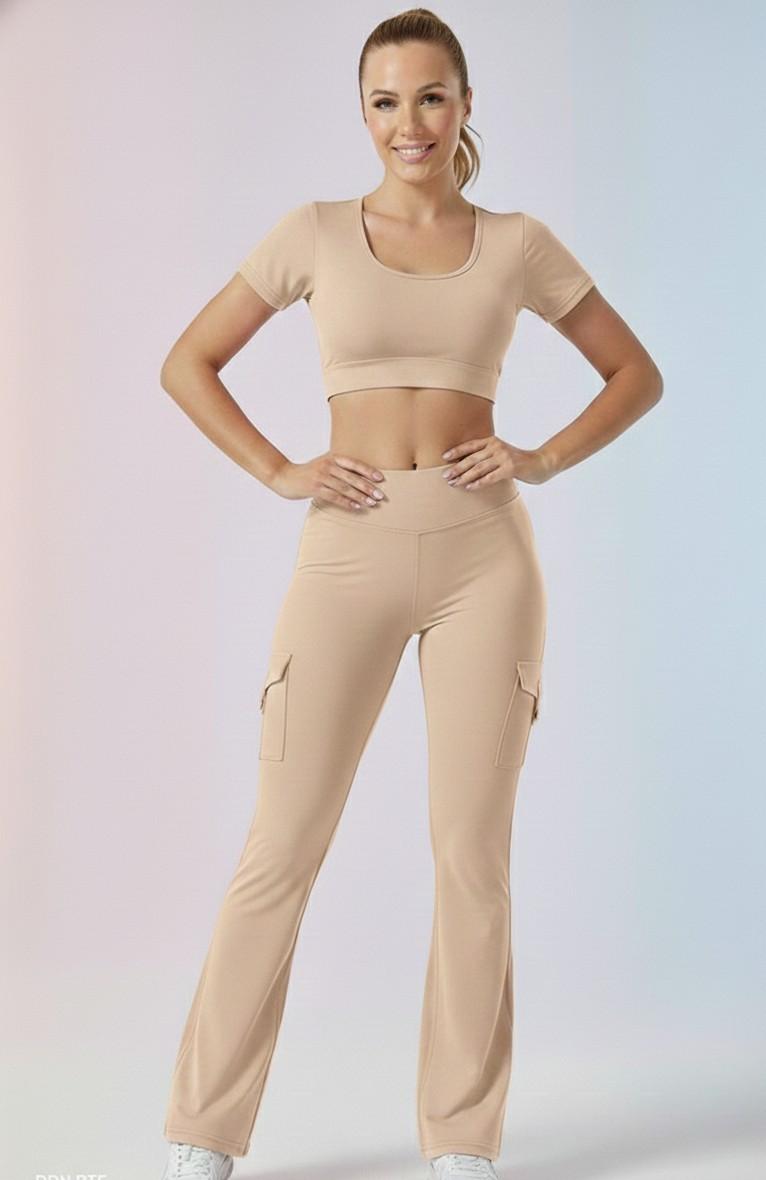 Olive green Active Cord Set | Crop Top & Flare Jogger Leggings with Pockets