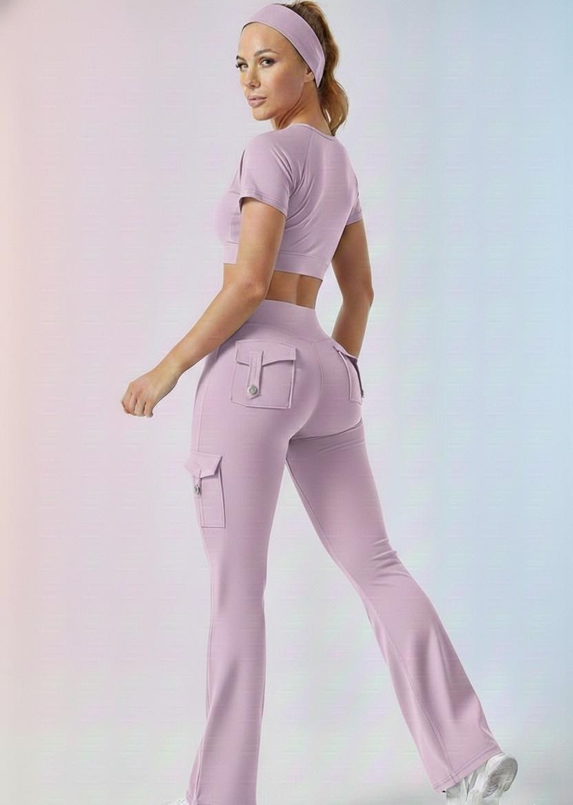 Grey Active Cord Set | Crop Top & Flare Jogger Leggings with Pockets