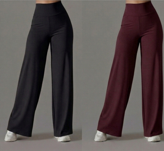 Pack of 2 Ultra-Flexible High-Waist Wide Leg Pants for Women (BLACK & WINE)