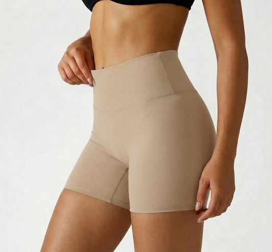 Beige High Waist Seamless Shorts – Stretchable Gym & Activewear Shorts
