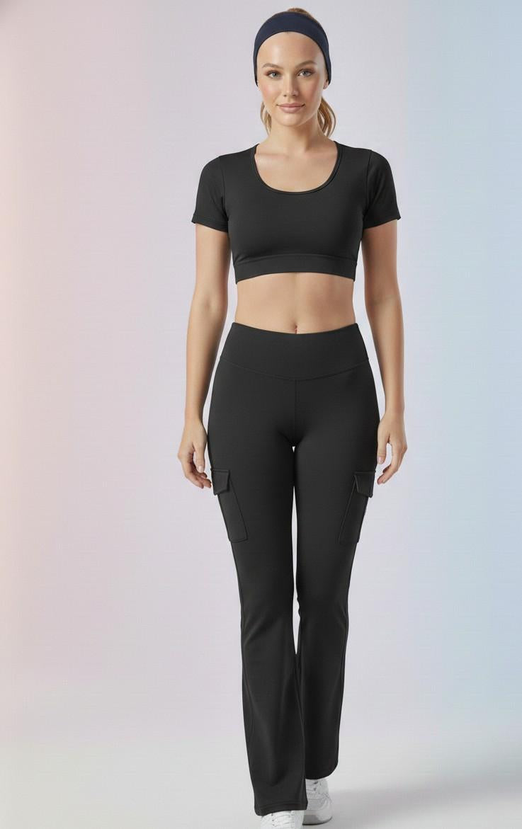 Beige Active Cord Set | Crop Top & Flare Jogger Leggings with Pockets