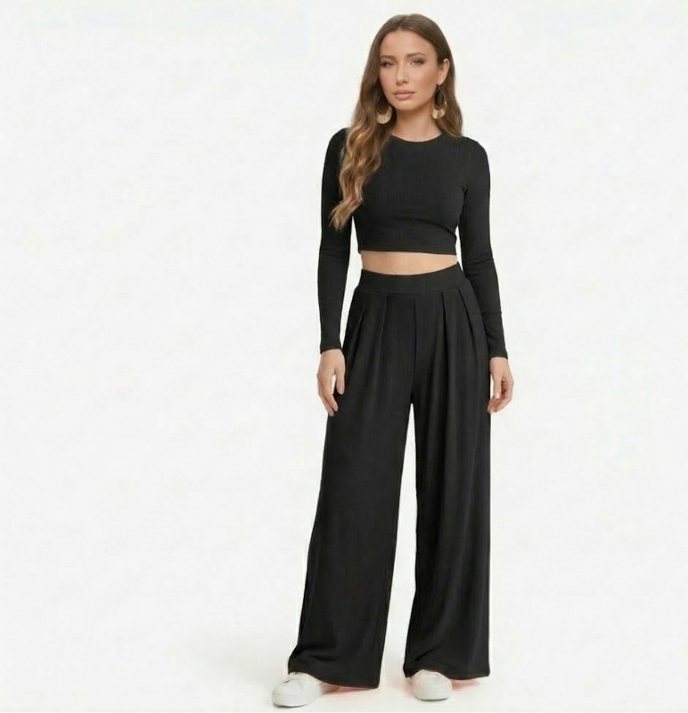 Navy Full sleeves Lycra Cord Set | Top & Pleated Salwar-Style Bottoms