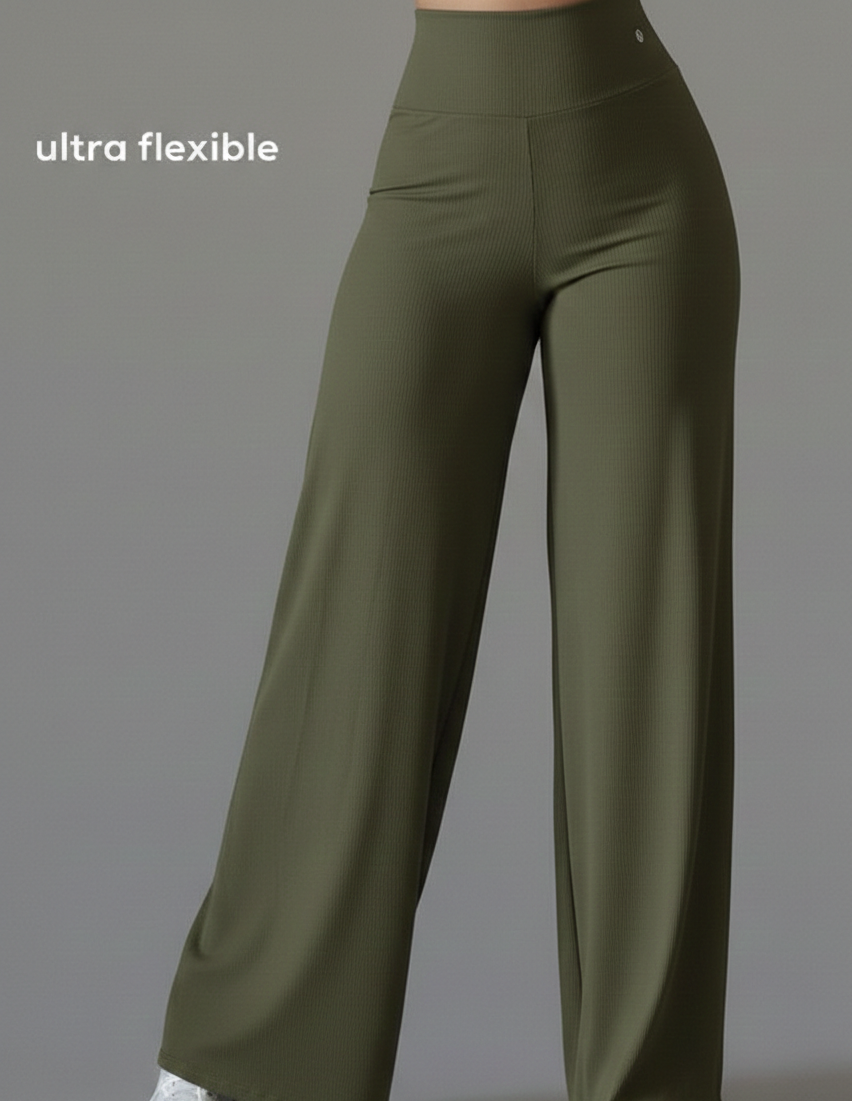 Pack of 2 Ultra-Flexible High-Waist Wide Leg Pants for Women ( BLACK & OLIVE)
