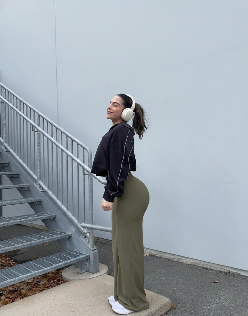 Pack of 2 Ultra-Flexible High-Waist Wide Leg Pants for Women ( BLACK & OLIVE)