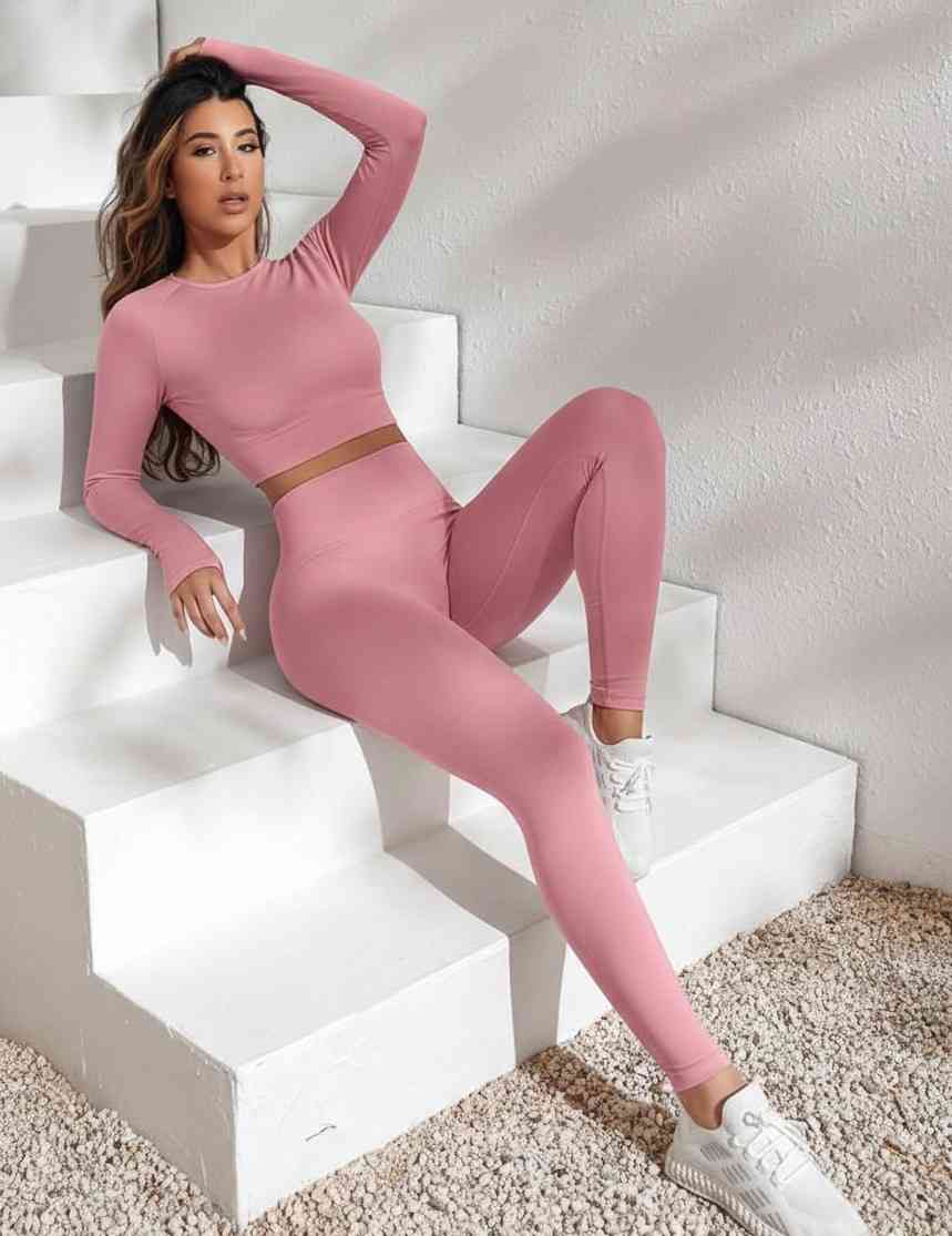 Space grey🏋️♀️ Activewear Cord Set | Long-Sleeve Crop Top & High-Waist Leggings
