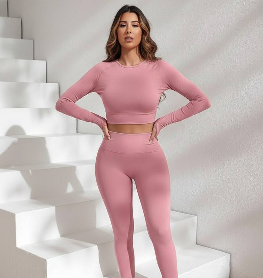 Lavender Activewear Cord Set | Long-Sleeve Crop Top & High-Waist Leggings