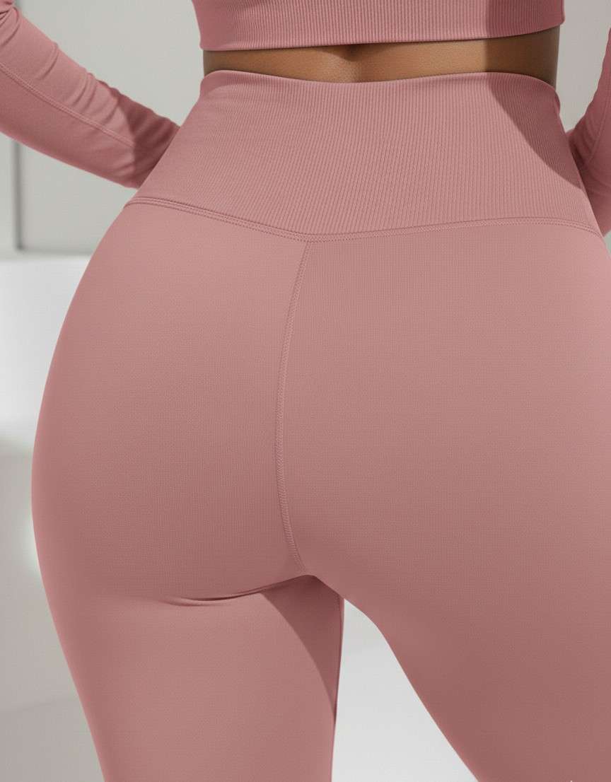 Beige Activewear Cord Set | Long-Sleeve Crop Top & High-Waist Leggings