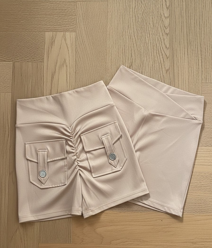 Beige High-Waist Sculpt Active Shorts with Pockets