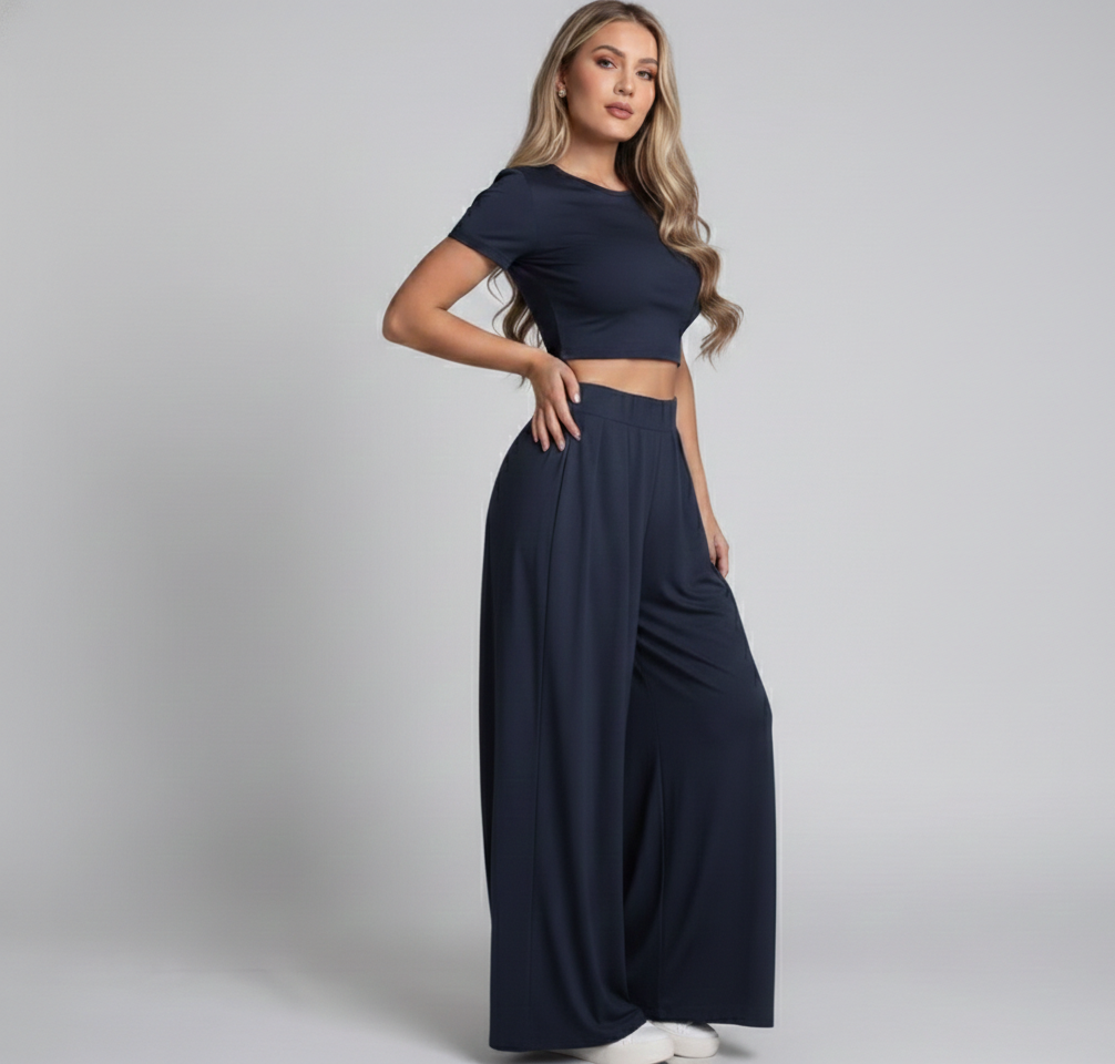 Navy blue Lycra Cord Set | Top & Pleated Salwar-Style Bottoms