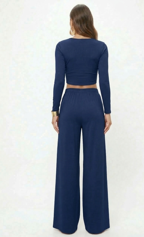 Navy Full sleeves Lycra Cord Set | Top & Pleated Salwar-Style Bottoms