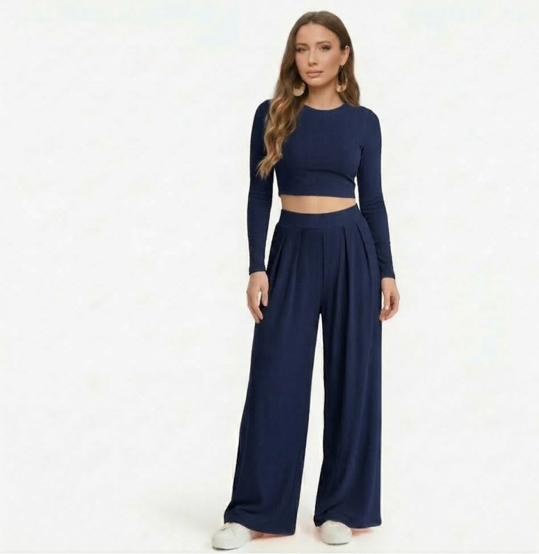 Navy Full sleeves Lycra Cord Set | Top & Pleated Salwar-Style Bottoms