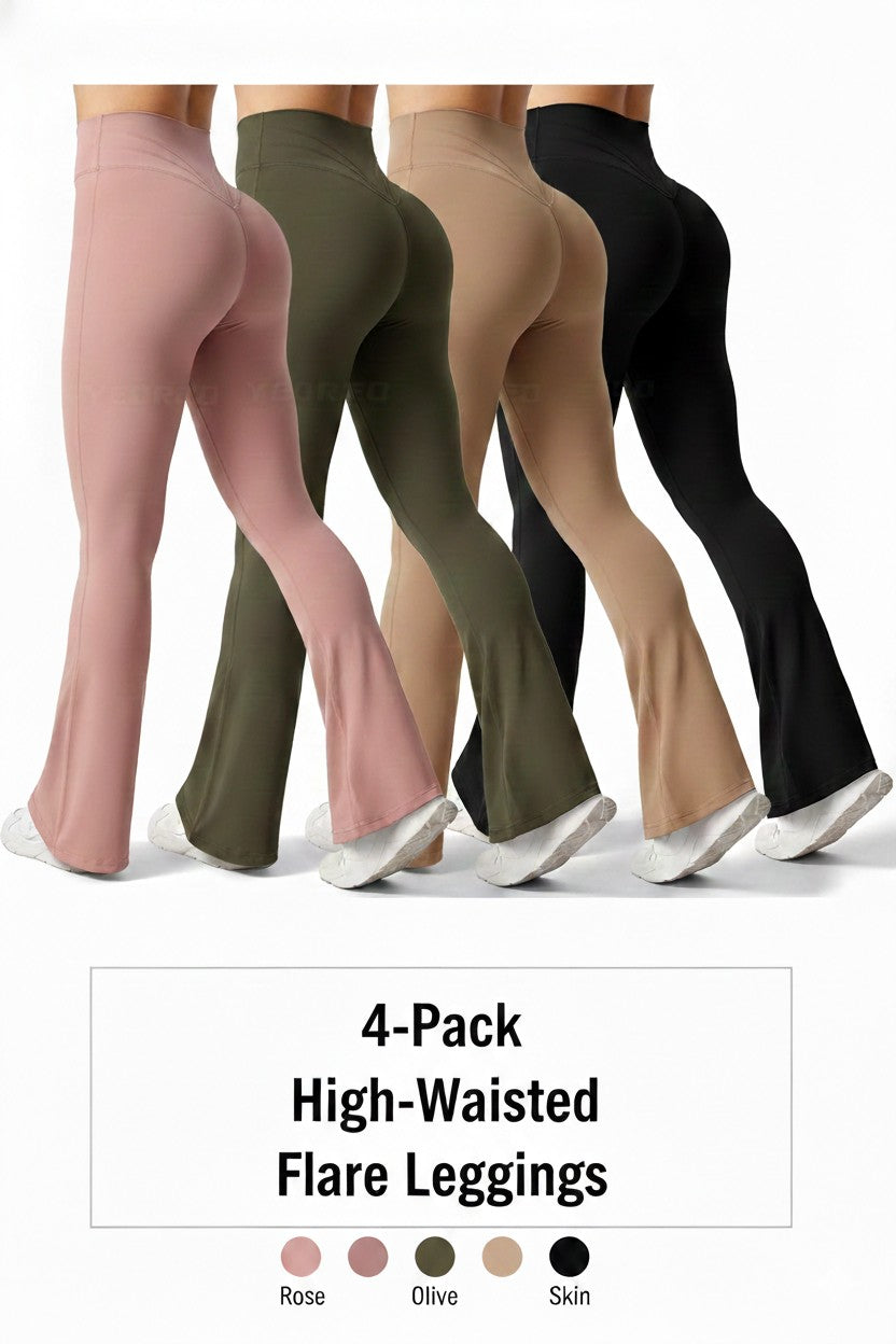 Four pairs of high-waisted flare leggings in different colors