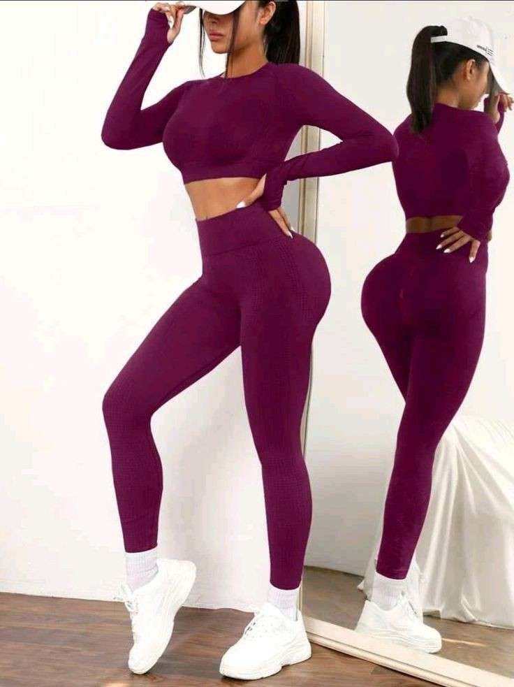 Beige Activewear Cord Set | Long-Sleeve Crop Top & High-Waist Leggings