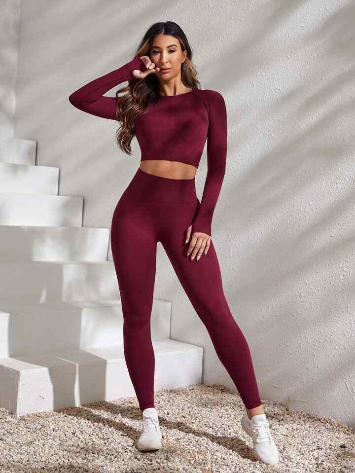 Olive green Activewear Cord Set | Long-Sleeve Crop Top & High-Waist Leggings