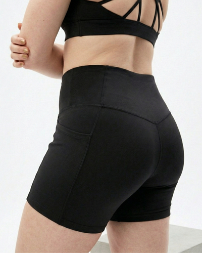 Black High Waist Active Shorts with Pocket – Stretchable Gym & Workout Shorts