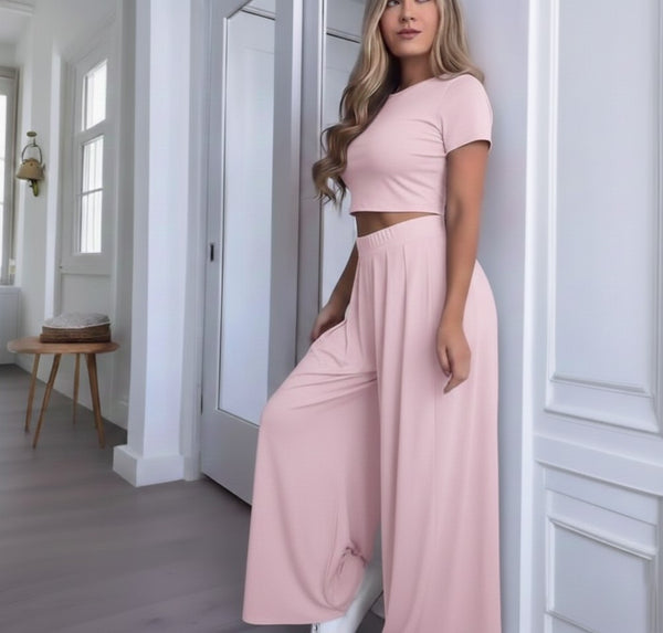 Baby pink Lycra Cord Set | Top & Pleated Salwar-Style Bottom