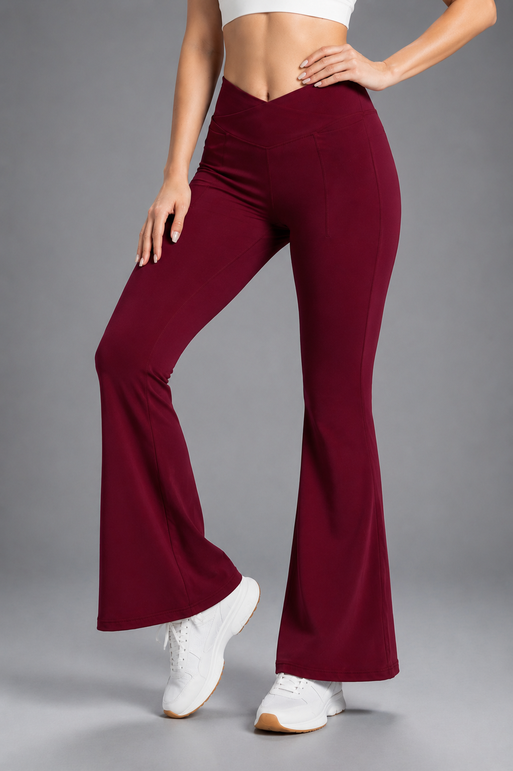 Wine CloudSoft™ Cross-Waist Pocket Flare Pants