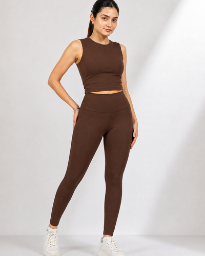 Brown Women's Co-Ord Set | Sleeveless Crop Top & High Waist Stretch Leggings | Soft Activewear Gym & Lounge Set