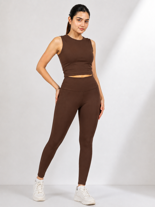 Brown Women's Co-Ord Set | Sleeveless Crop Top & High Waist Stretch Leggings | Soft Activewear Gym & Lounge Set