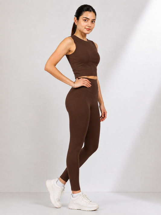 Brown Women's Co-Ord Set | Sleeveless Crop Top & High Waist Stretch Leggings | Soft Activewear Gym & Lounge Set