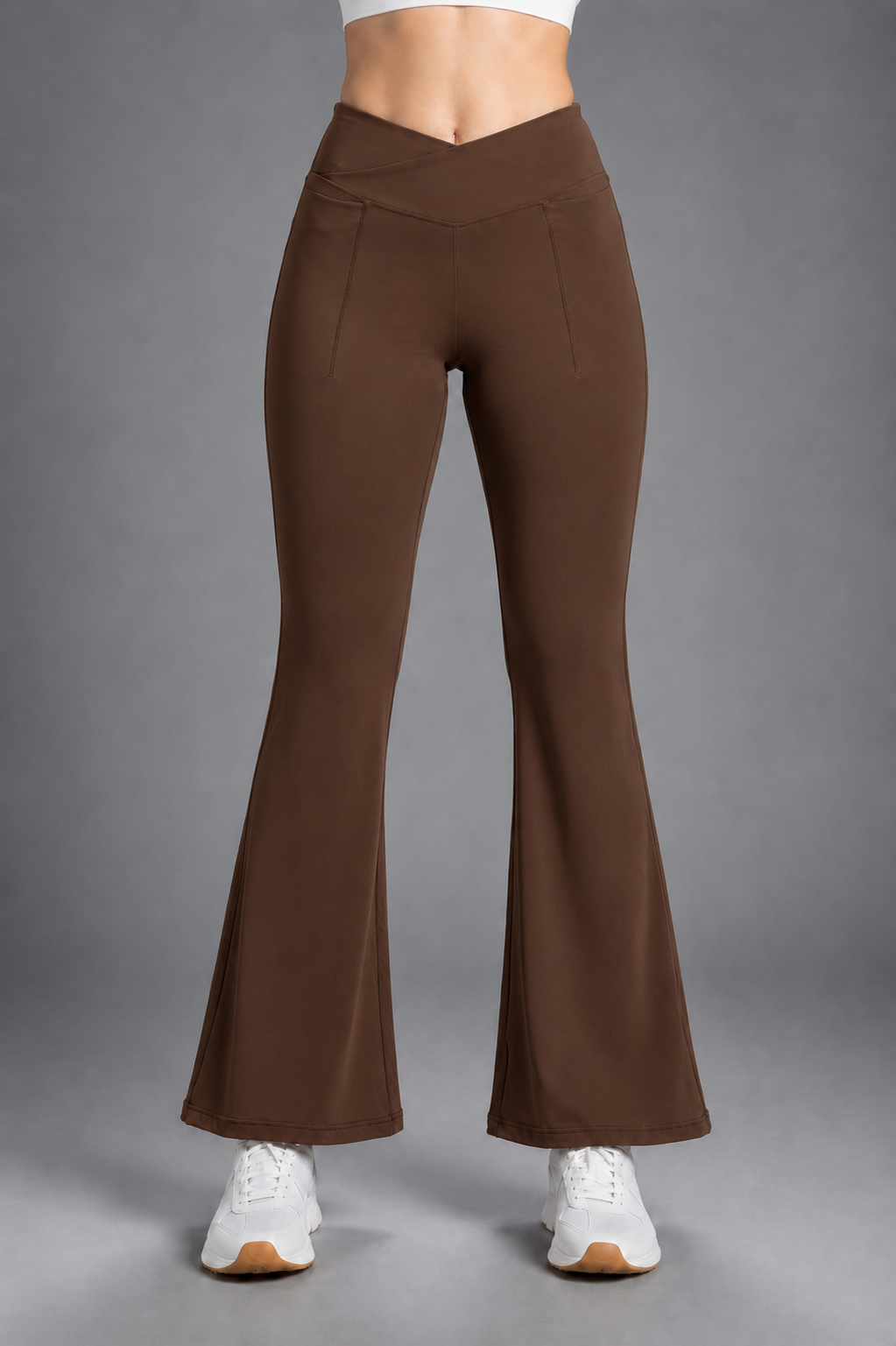 Brown CloudSoft™ Cross-Waist Pocket Flare Pants