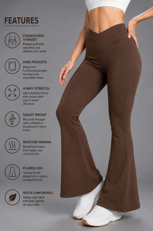 Brown CloudSoft™ Cross-Waist Pocket Flare Pants
