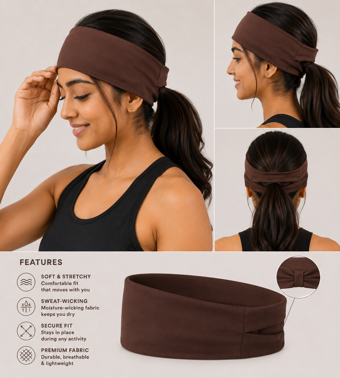 Non-Slip Sports Headband with Ponytail Opening