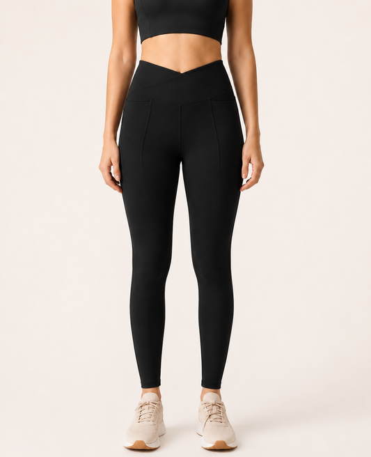 Black Women's Cross-Waist High Rise Pocket Leggings | Buttery Soft Yoga Pants