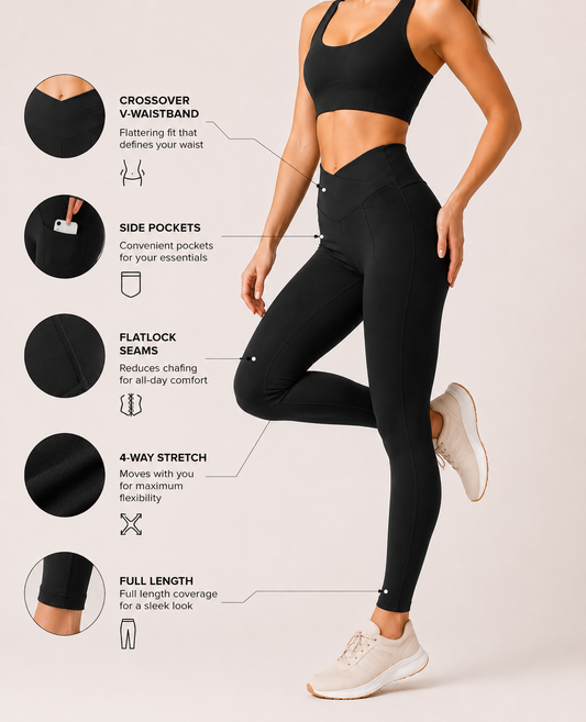 Black Women's Cross-Waist High Rise Pocket Leggings | Buttery Soft Yoga Pants
