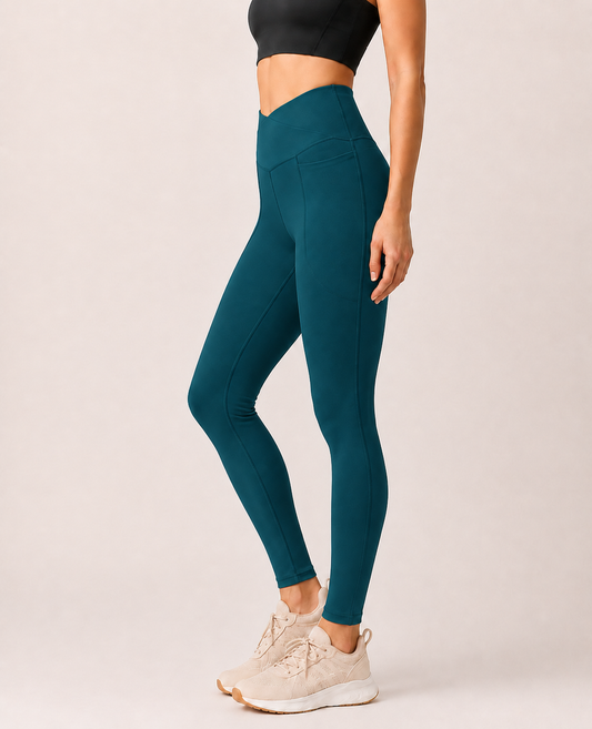 Teal Women's Cross-Waist High Rise Pocket Leggings | Buttery Soft Yoga Pants