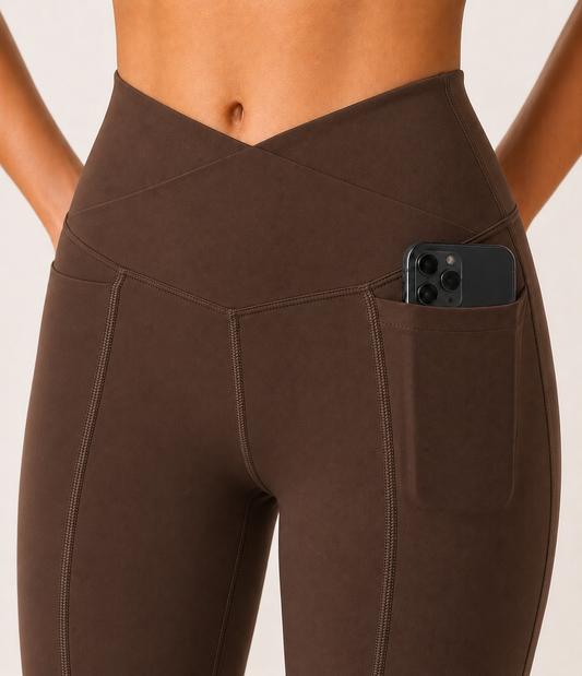 Brown Women's Cross-Waist High Rise Pocket Leggings | Buttery Soft Yoga Pants