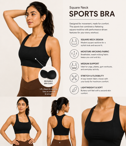 FlexForm™ Black Square-Neck Sports Bra