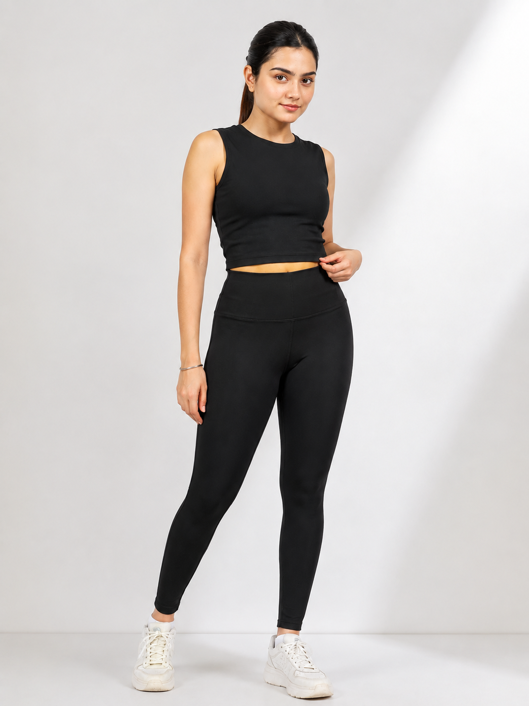 Black Women's Co-Ord Set | Sleeveless Crop Top & High Waist Stretch Leggings | Soft Activewear Gym & Lounge Set