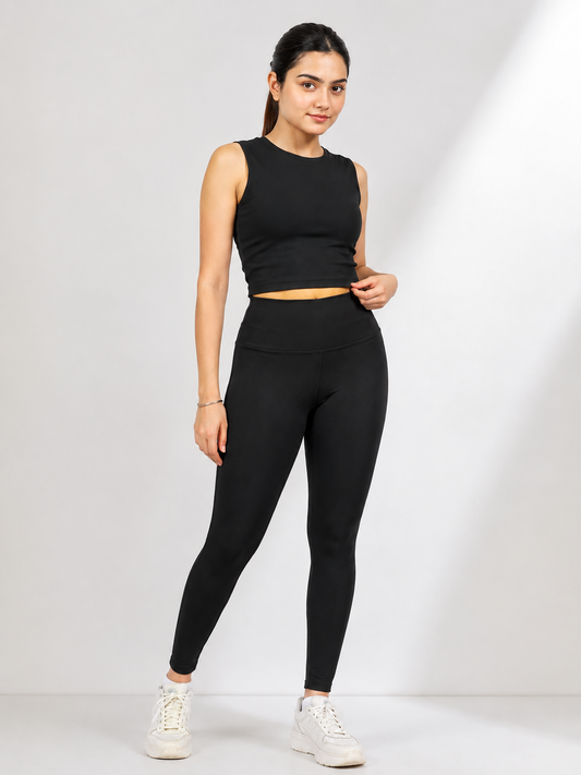 Black Women's Co-Ord Set | Sleeveless Crop Top & High Waist Stretch Leggings | Soft Activewear Gym & Lounge Set