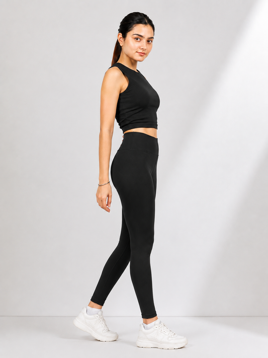 Black Women's Co-Ord Set | Sleeveless Crop Top & High Waist Stretch Leggings | Soft Activewear Gym & Lounge Set