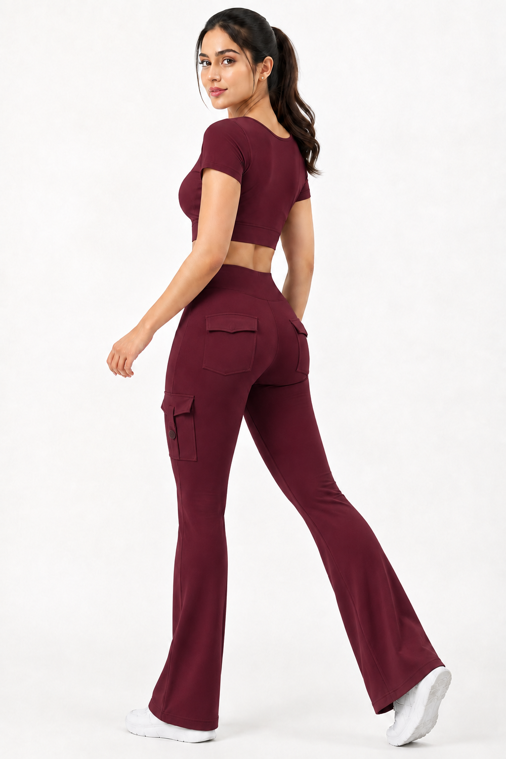 Wine Active Cord Set | Crop Top & Flare Jogger Leggings with Pockets