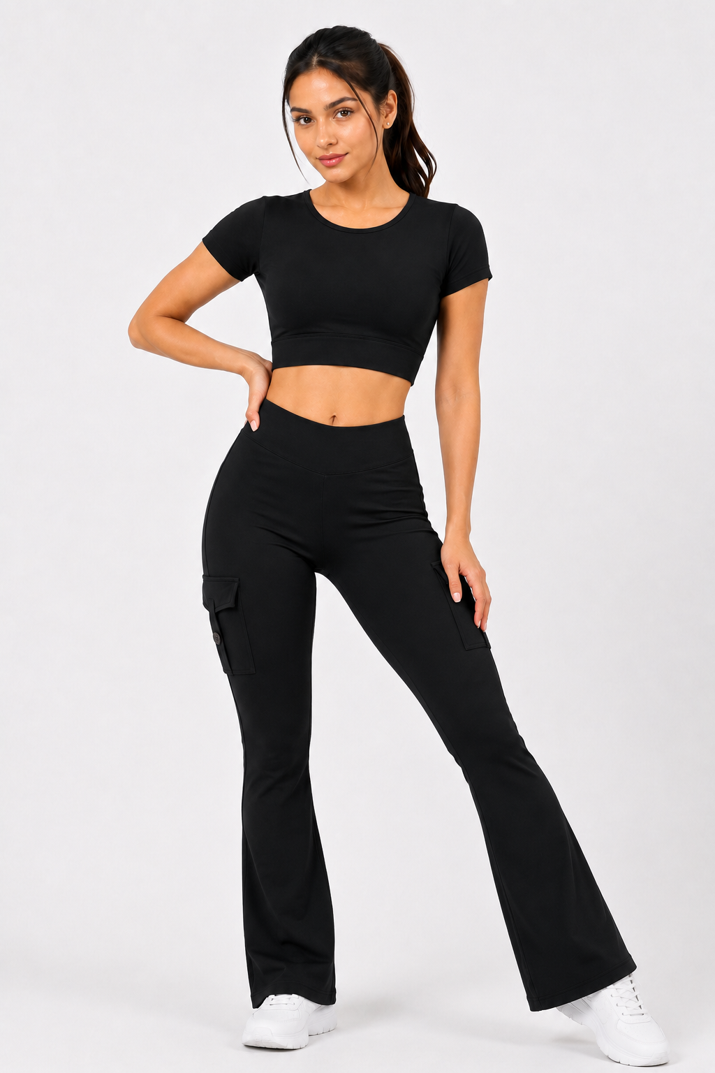 Black Active Cord Set | Crop Top & Flare Jogger Leggings with Pockets