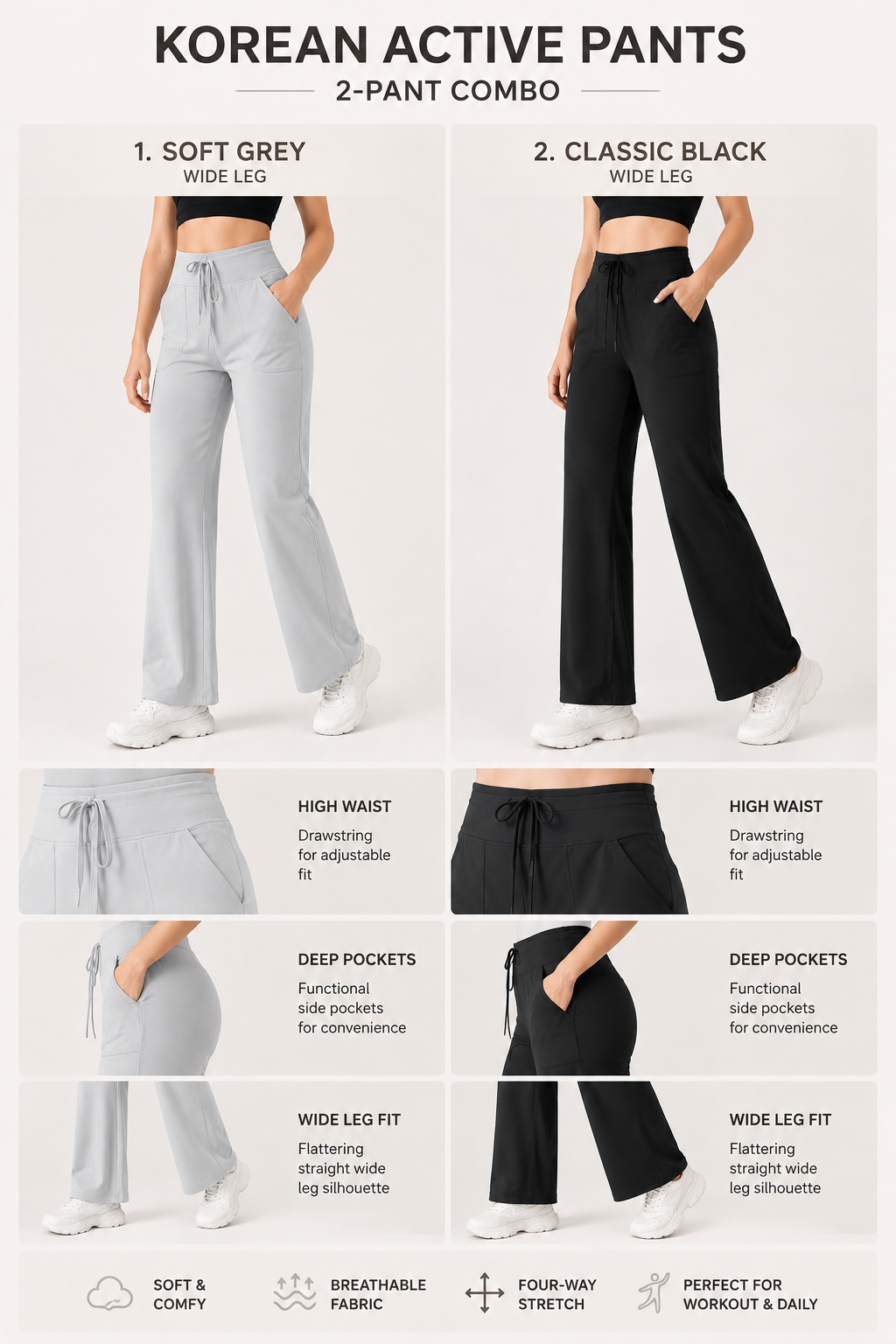 2-Pack Relaxed Fit Active Pants for Women ( grey and black)
