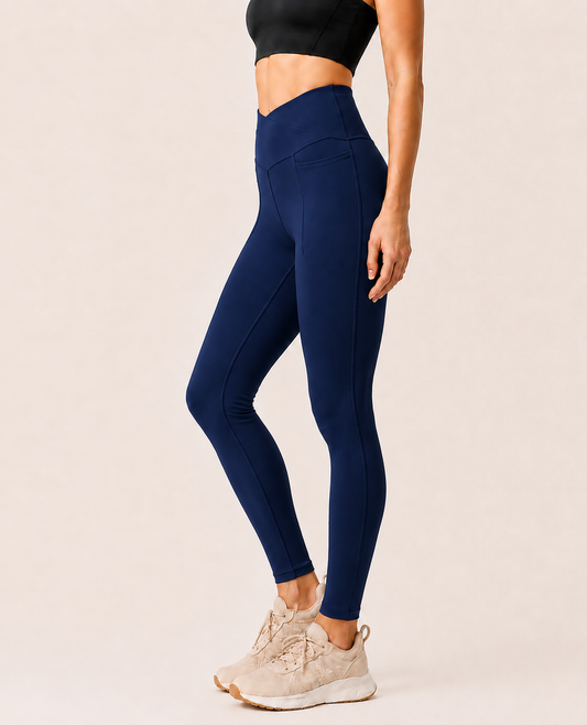 Navy Women's Cross-Waist High Rise Pocket Leggings | Buttery Soft Yoga Pants