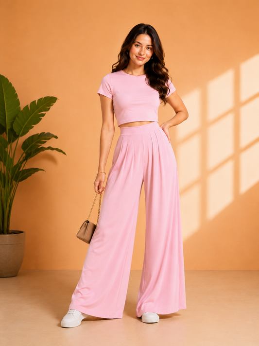 Baby pink Lycra Cord Set | Top & Pleated Salwar-Style Bottom