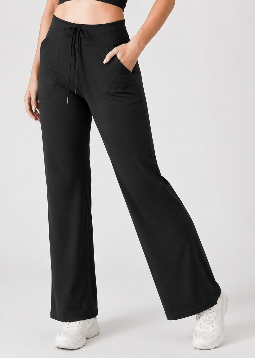 🌸 Black Korean Fit Active Pants | High-Waist Stretch Bottoms with Pockets