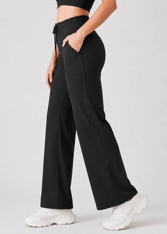 🌸 Black Korean Fit Active Pants | High-Waist Stretch Bottoms with Pockets