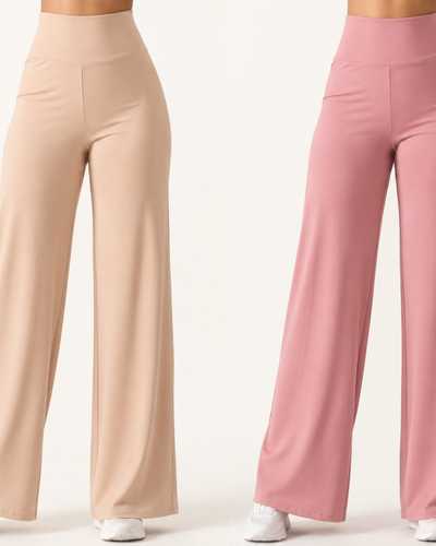 Pack of 2 Ultra-Flexible High-Waist Wide Leg Pants for Women ( Beige & Rose gold)