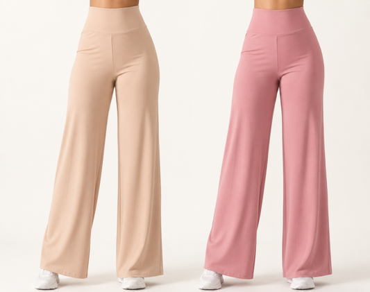 Pack of 2 Ultra-Flexible High-Waist Wide Leg Pants for Women ( Beige & Rose gold)