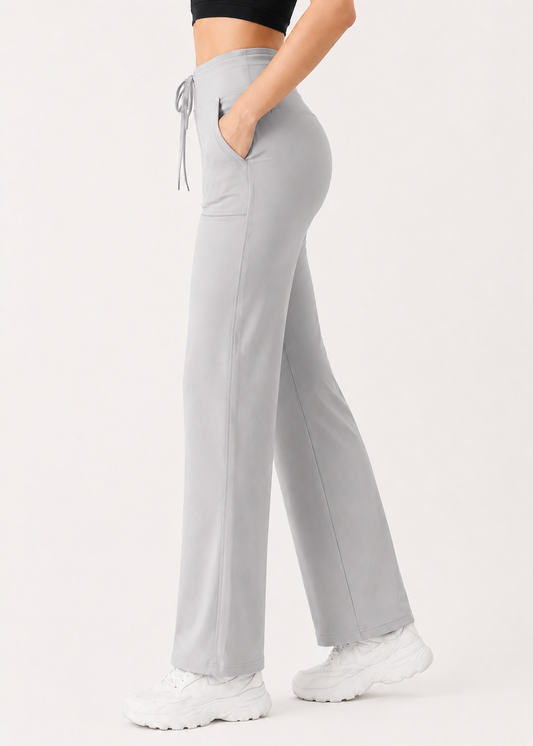 🌸 Grey Korean Fit Active Pants | High-Waist Stretch Bottoms with Pockets