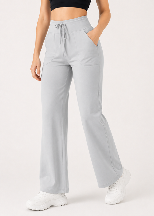 🌸 Grey Korean Fit Active Pants | High-Waist Stretch Bottoms with Pockets